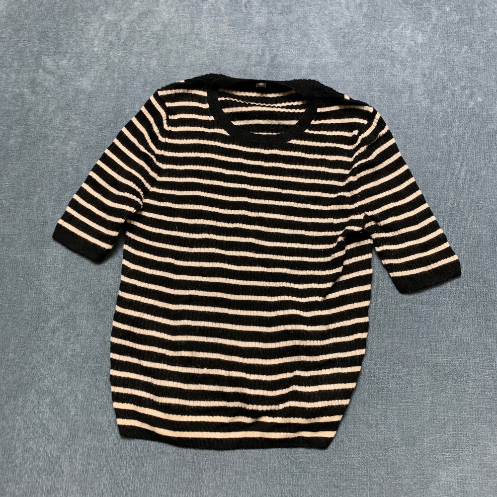 Uniqlo Sweater Womens M Black Beige Striped Ribbed Knit Short Sleeve Crew Neck